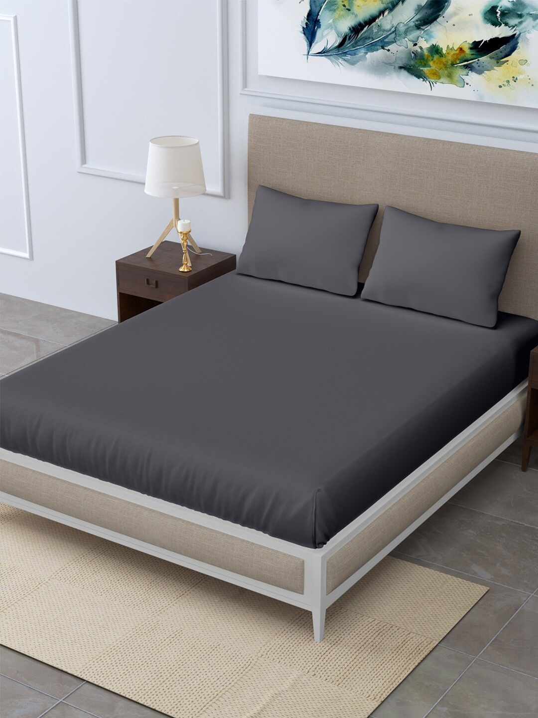 

LINENWALAS Happy Sleeping Grey 300 TC King Bedsheet with 2 Pillow Covers
