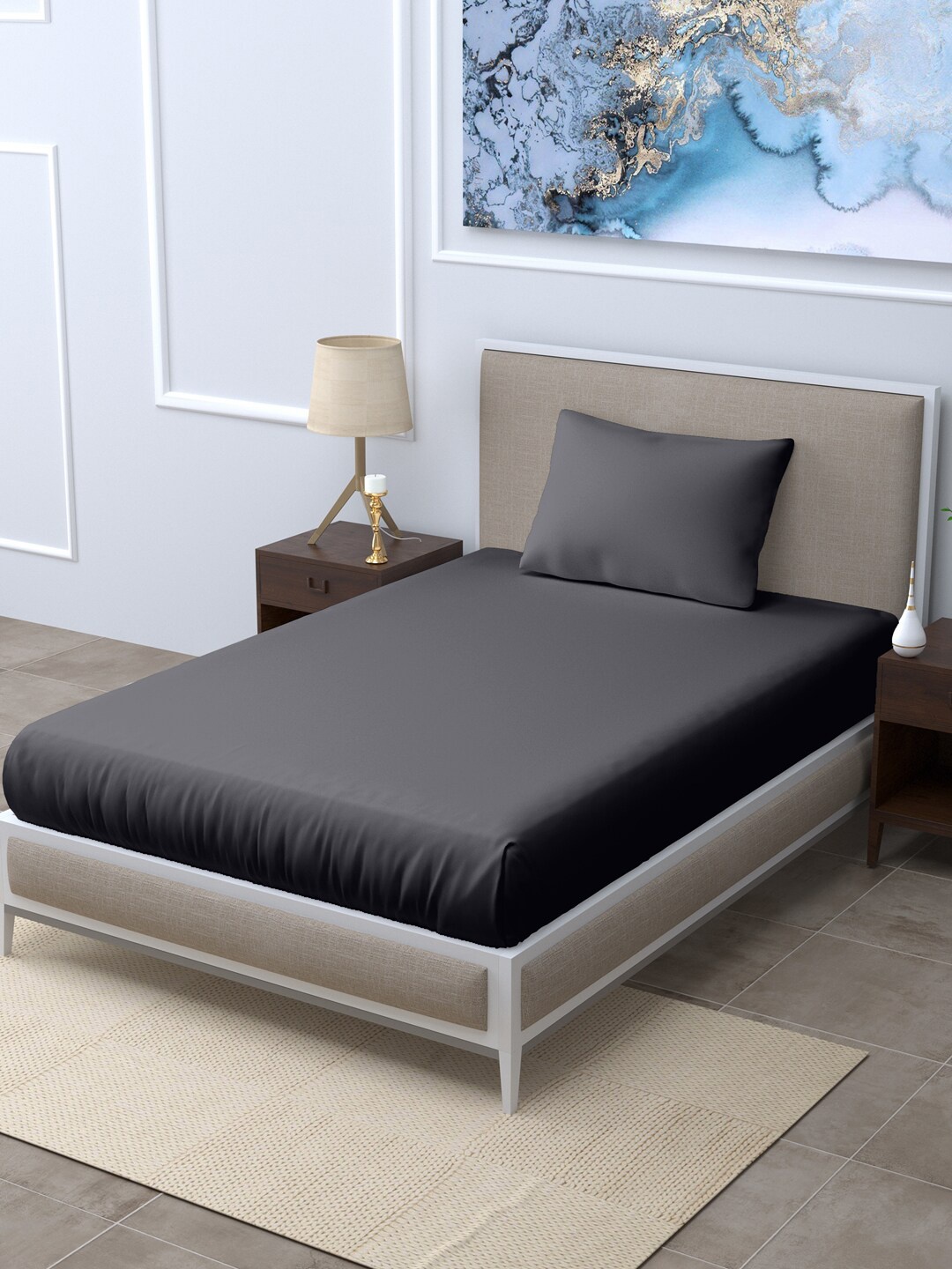 

LINENWALAS Happy Sleeping Charcoal 300 TC Single Bedsheet with 1 Pillow Covers