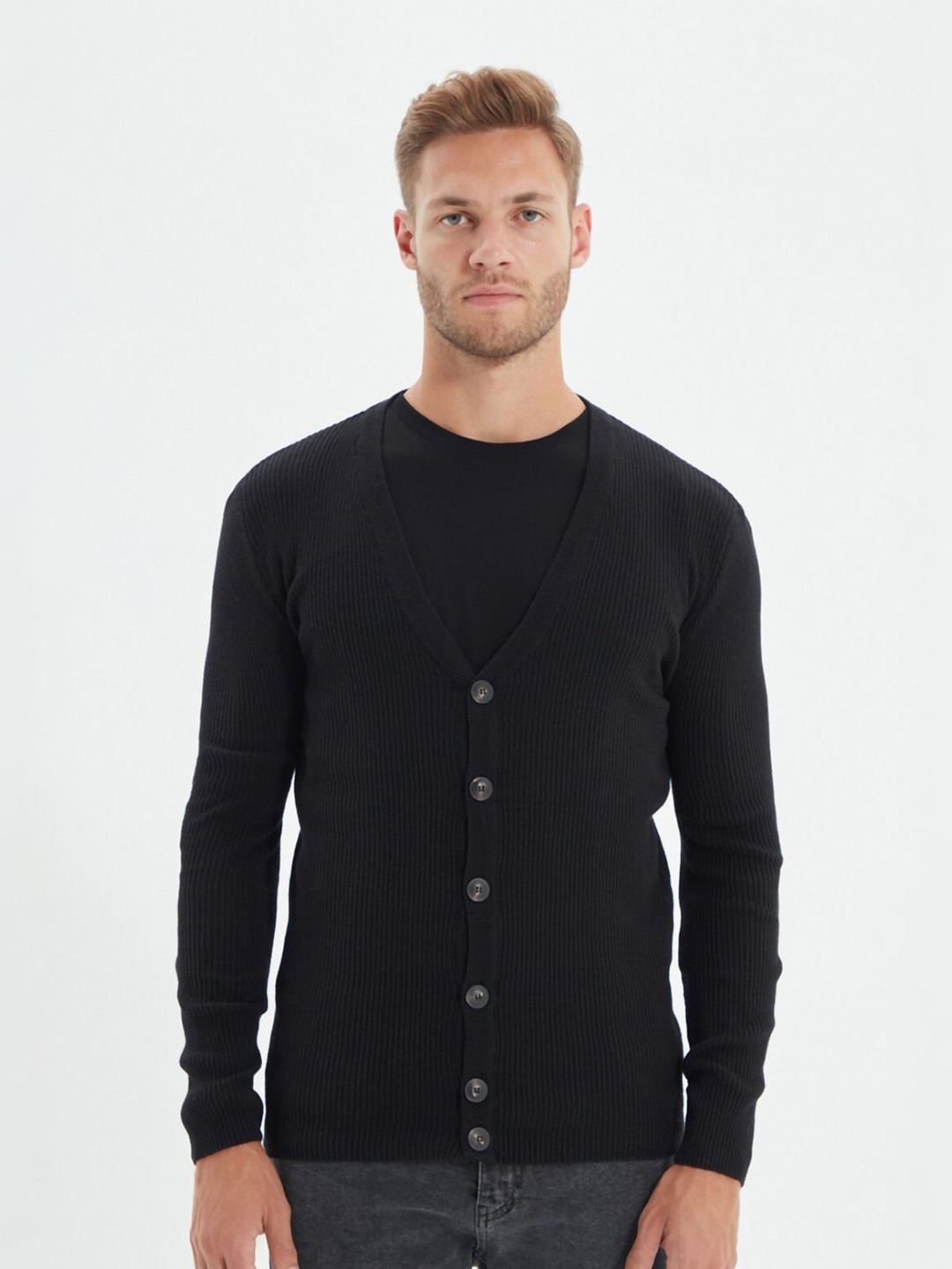 

Trendyol Men Black Ribbed Cotton Cardigan