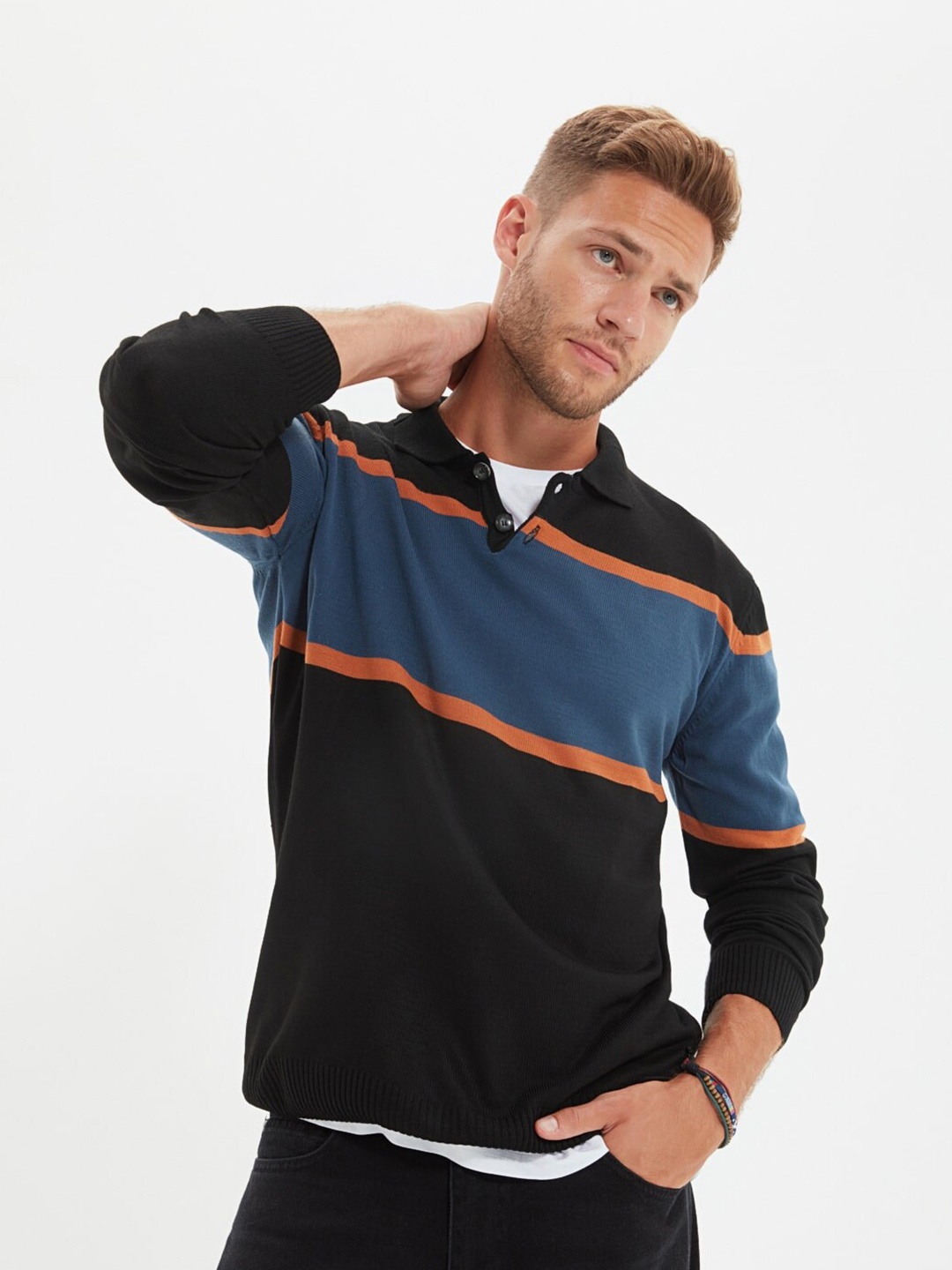 

Trendyol Men Black & Blue Striped Pullover