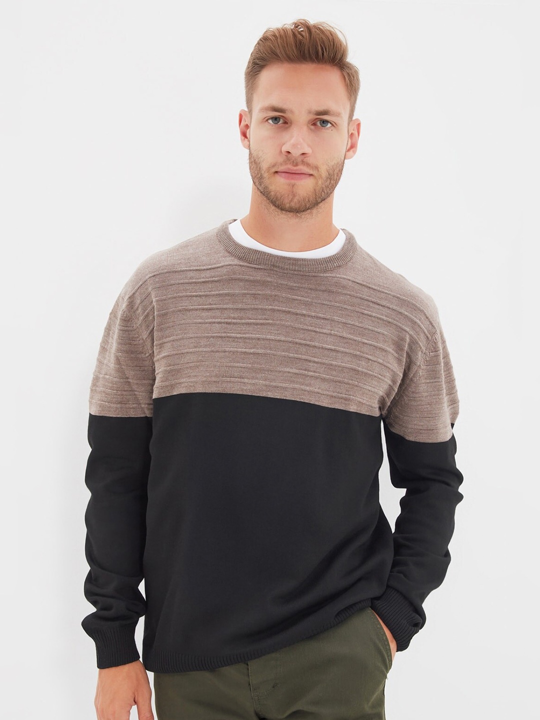 

Trendyol Men Black & Tan Colourblocked Pullover