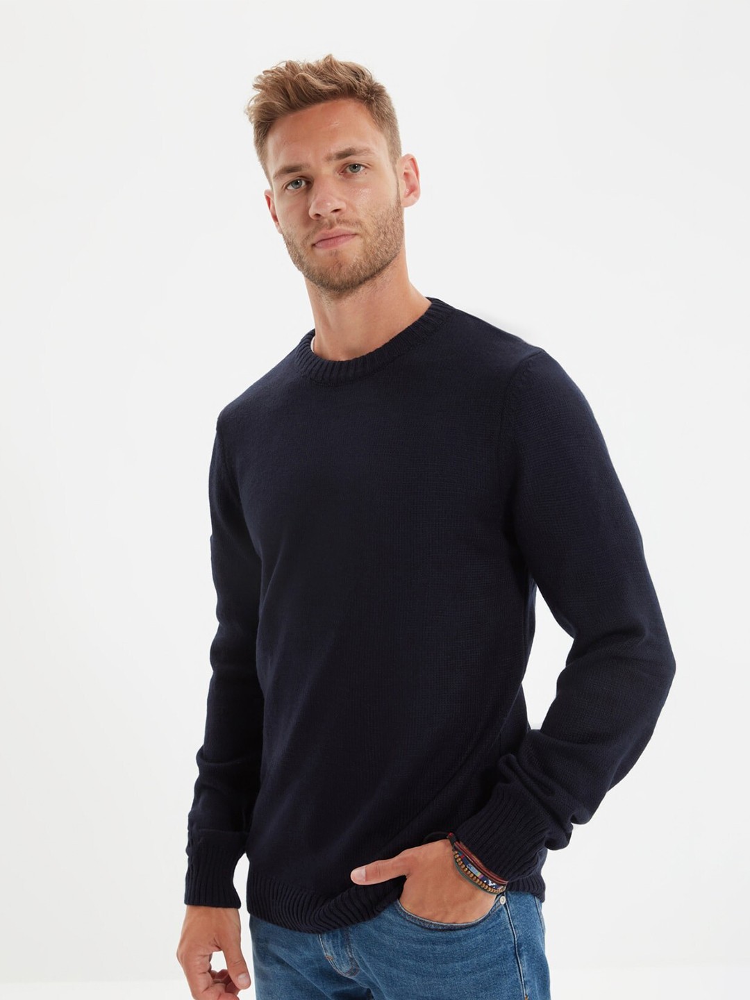 

Trendyol Men Navy Blue & Yellow Pullover