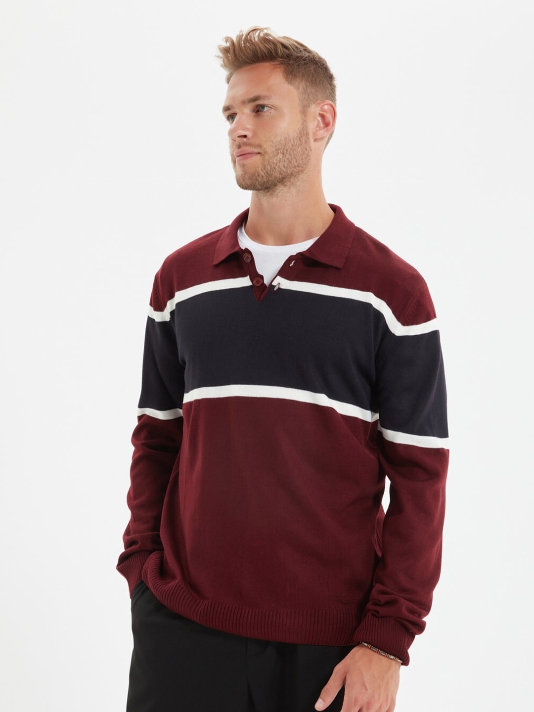 

Trendyol Men Burgundy & Navy Blue Striped Pullover