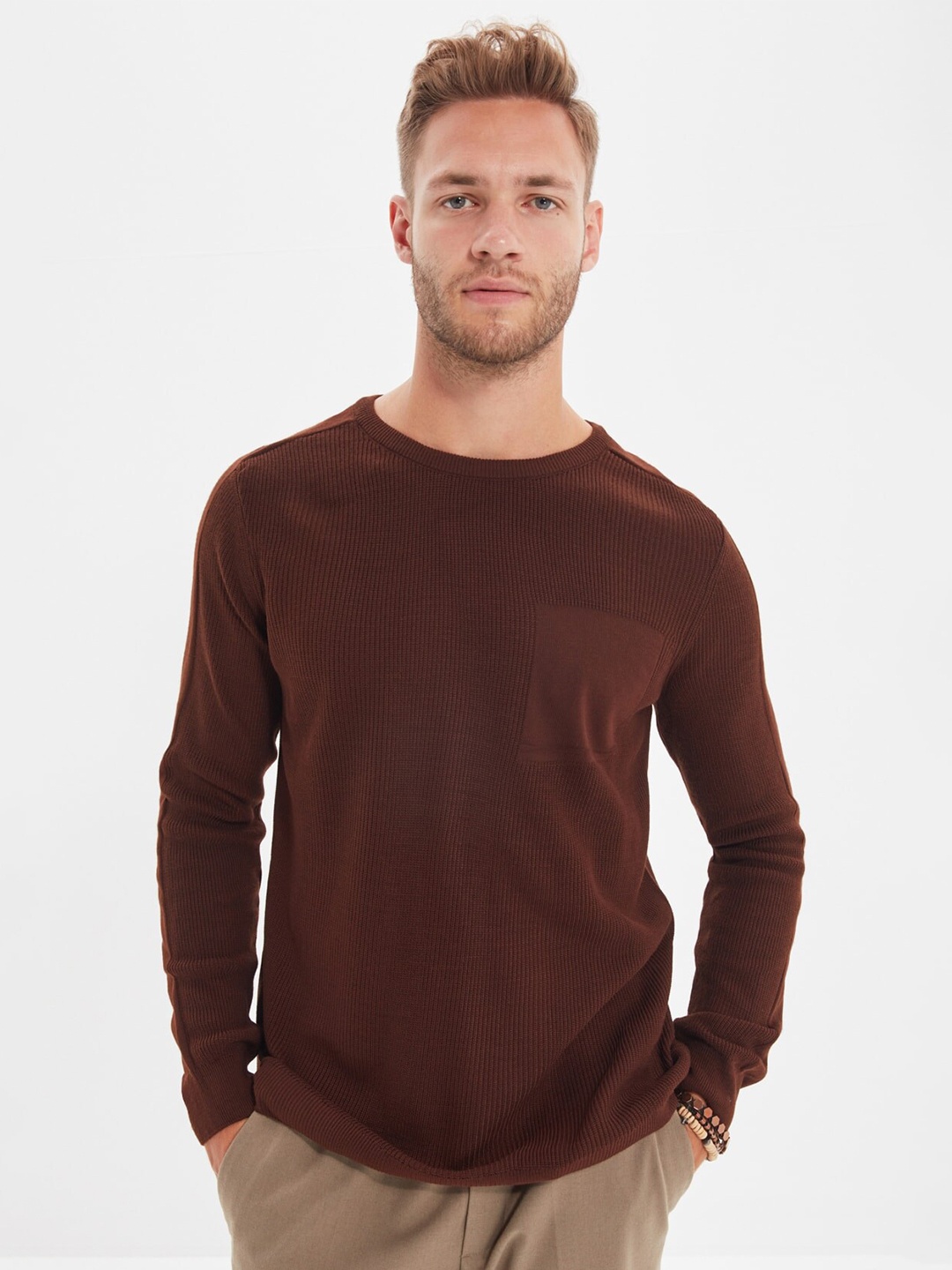 

Trendyol Men Brown Ribbed Pullover