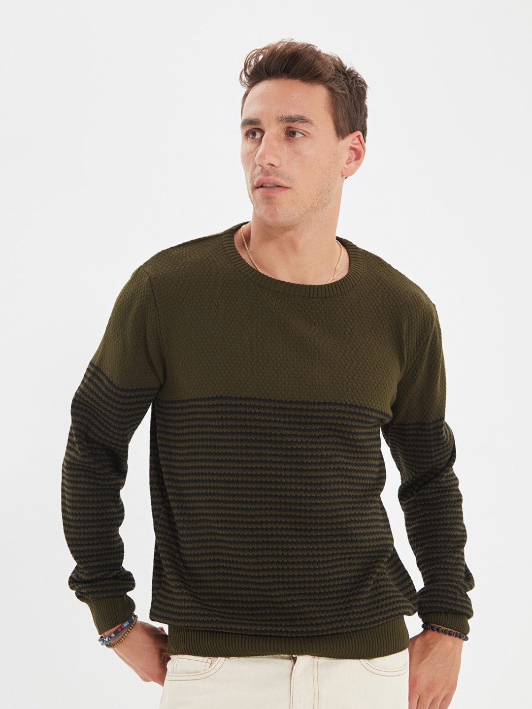 

Trendyol Men Khaki & Navy Blue Striped Pullover