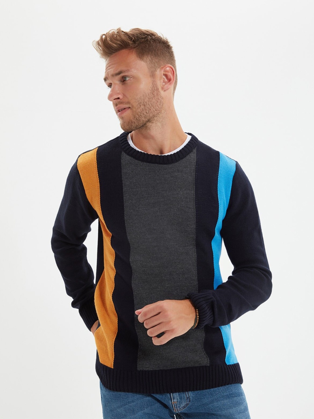 

Trendyol Men Navy Blue & Orange Colourblocked Pullover
