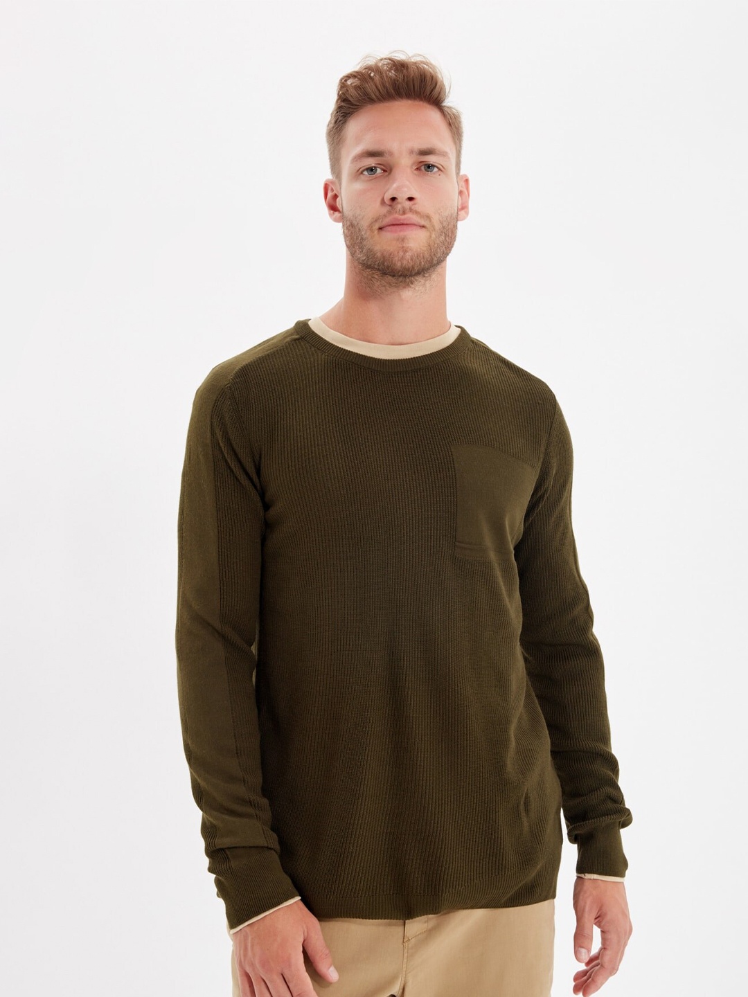

Trendyol Men Khaki Solid Pullover