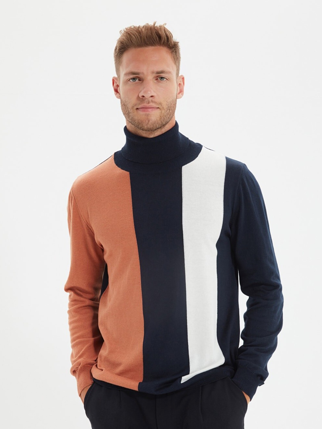 

Trendyol Men Navy Blue & White Striped Pullover