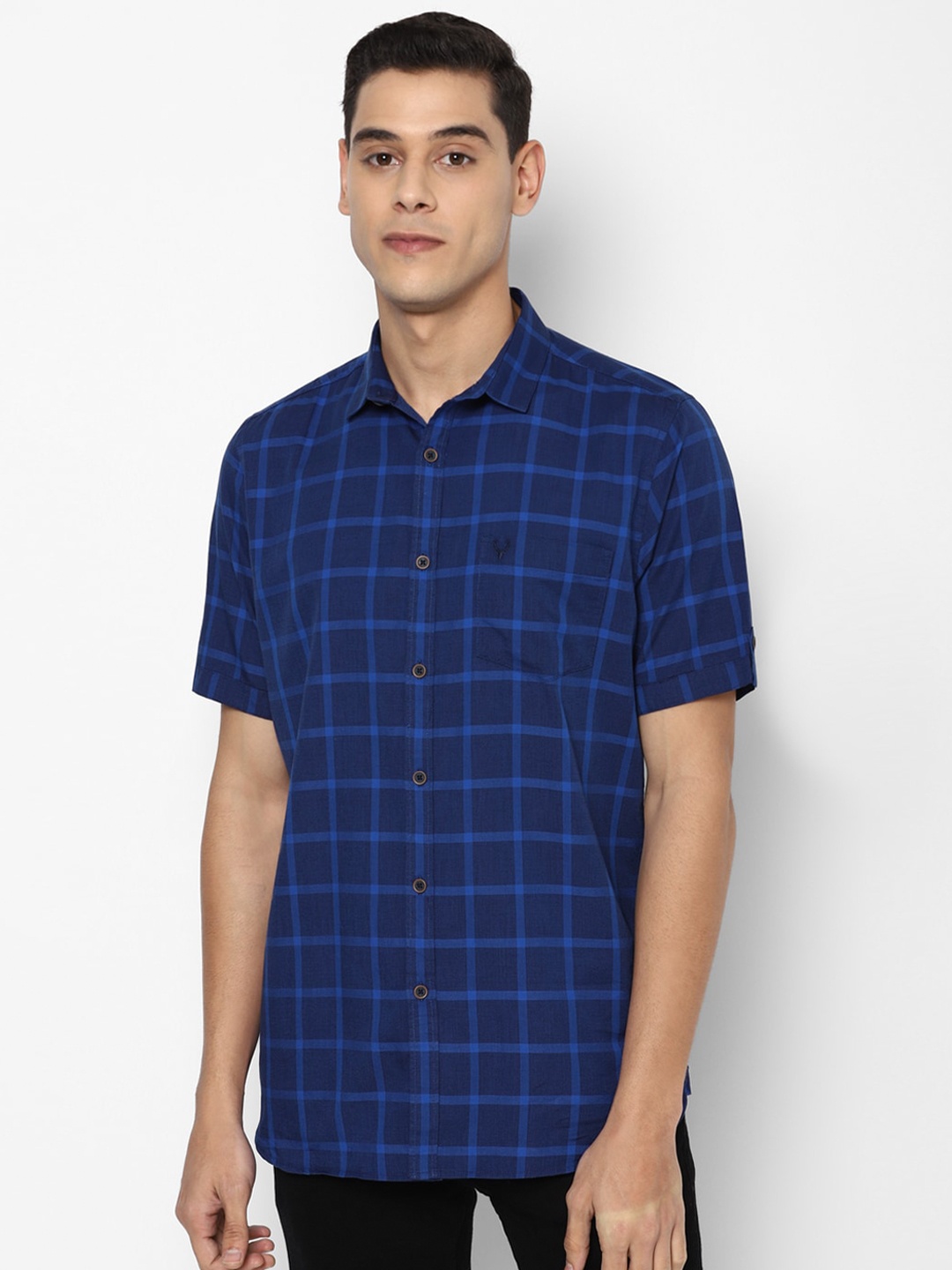 

Allen Solly Men Navy Blue Slim Fit Windowpane Checks Checked Casual Shirt