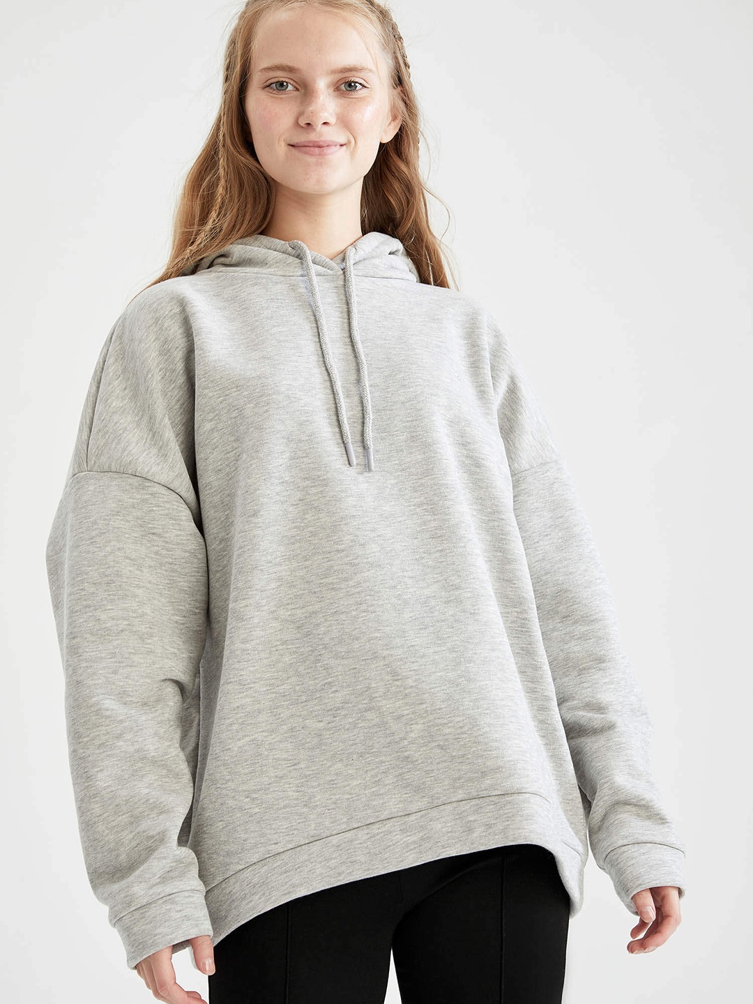 

DeFacto Women Grey Melange Solid Hooded Sweatshirt
