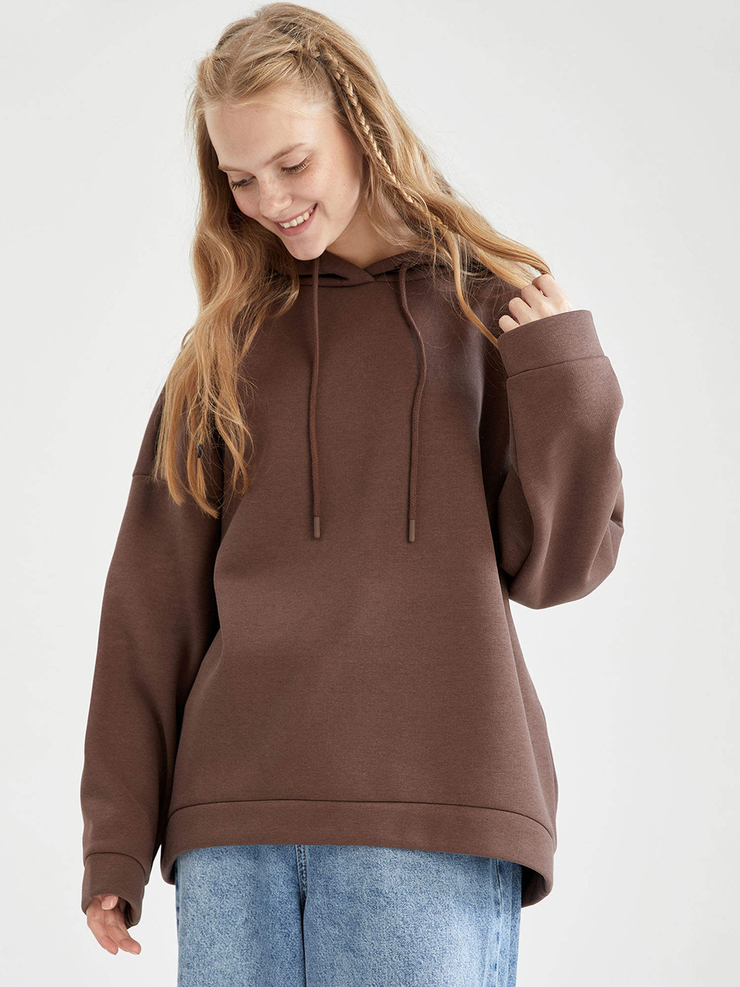 

DeFacto Women Coffee Brown Solid Hooded Sweatshirt