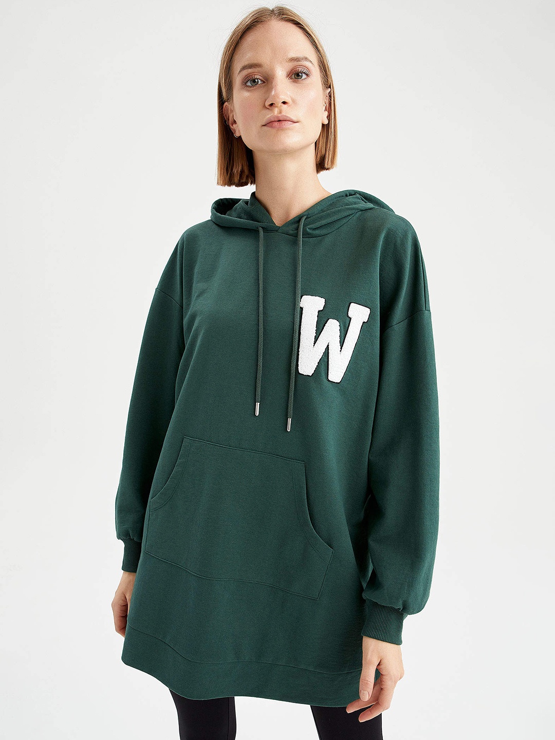 

DeFacto Women Green Solid Hooded Sweatshirt