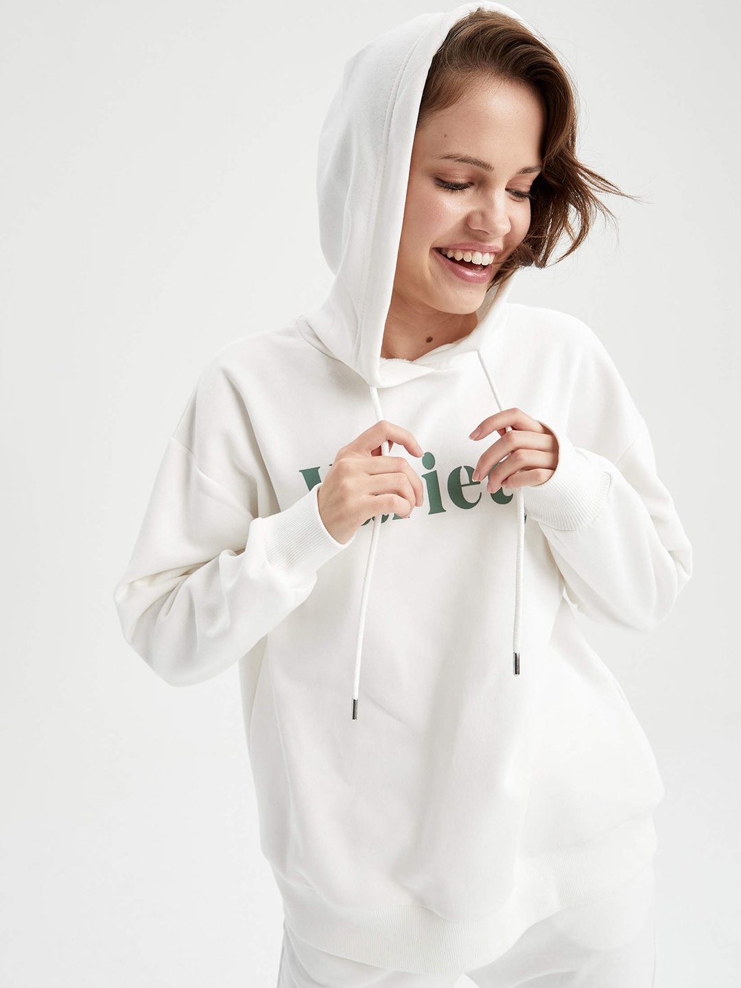 

DeFacto Women White & Green Typography Print Hooded Sweatshirt
