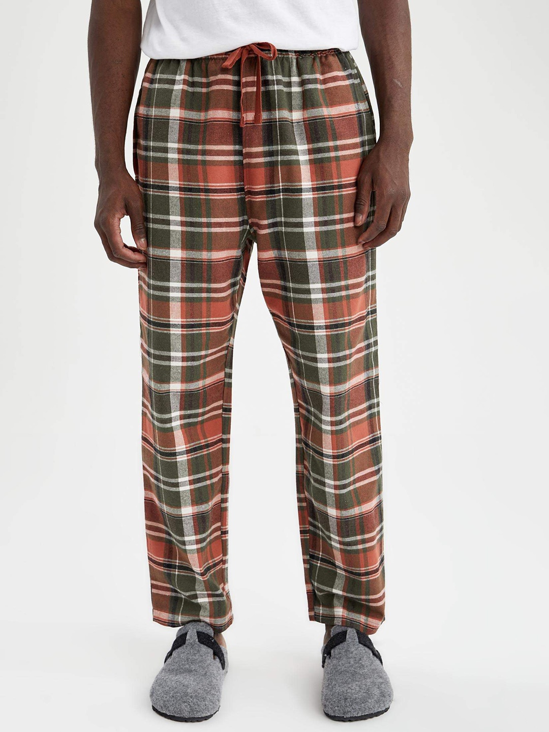 

DeFacto Men Rust orange & Green Checked Pure Cotton Straight Lounge Pants
