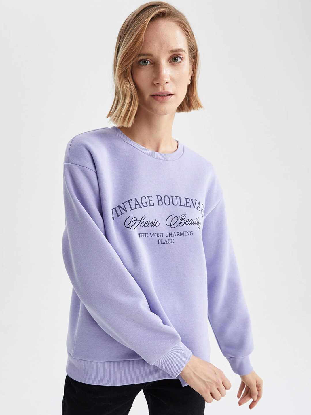 

DeFacto Women Lavender Typography Print Sweatshirt