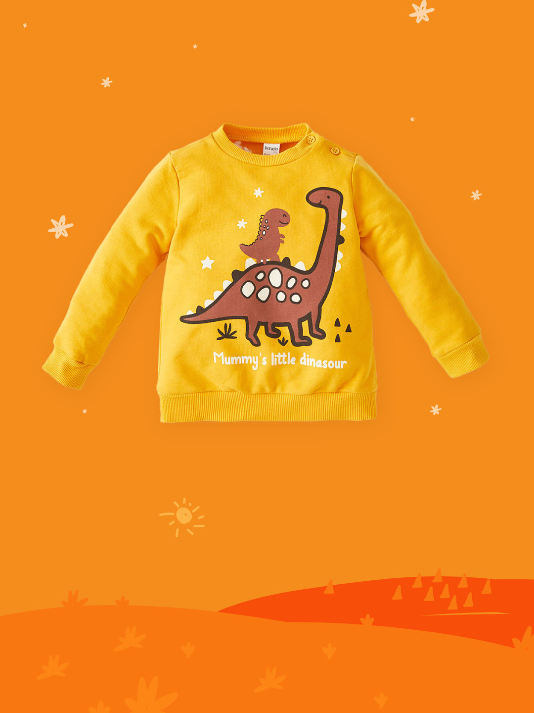 

DeFacto Boys Mustard Yellow & Coffee Brown Dinosaur Printed Cotton Sweatshirt