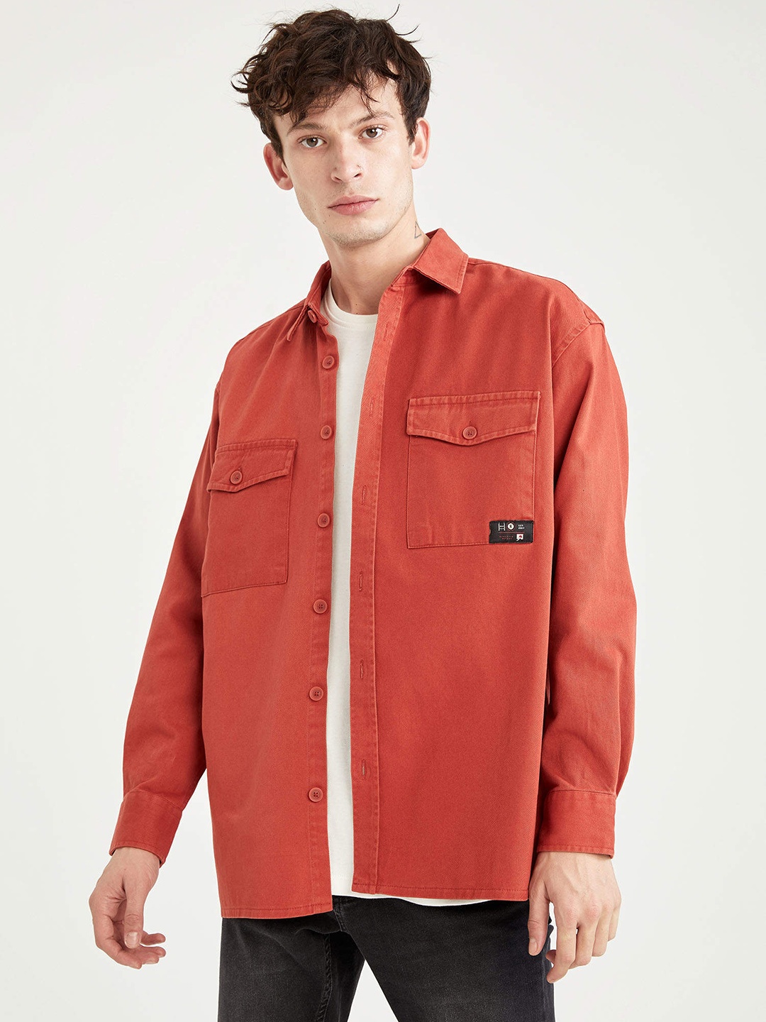 

DeFacto Men Rust Orange Solid Cotton Casual Shirt
