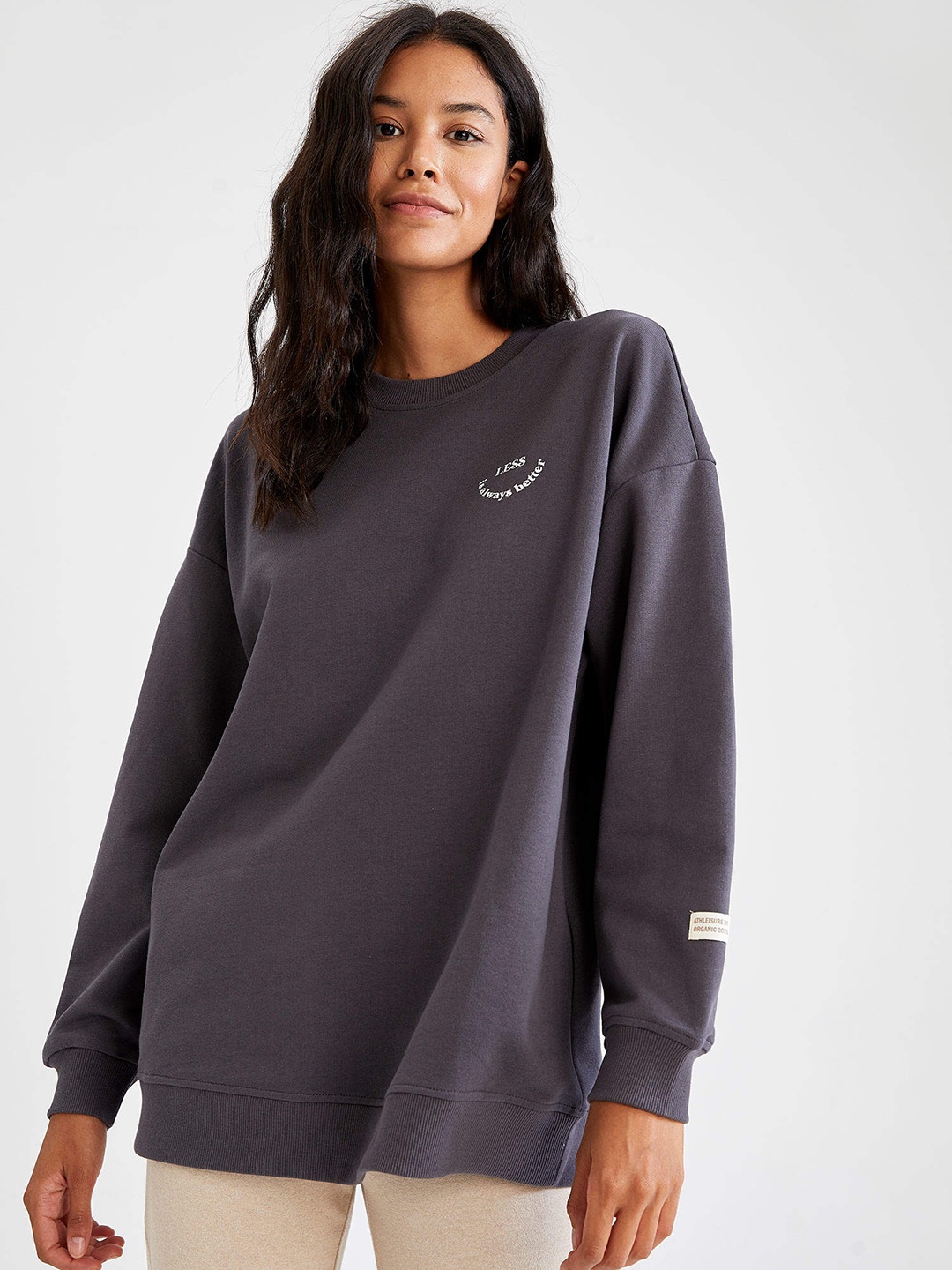 

DeFacto Women Charcoal Grey Cotton Solid Sweatshirt