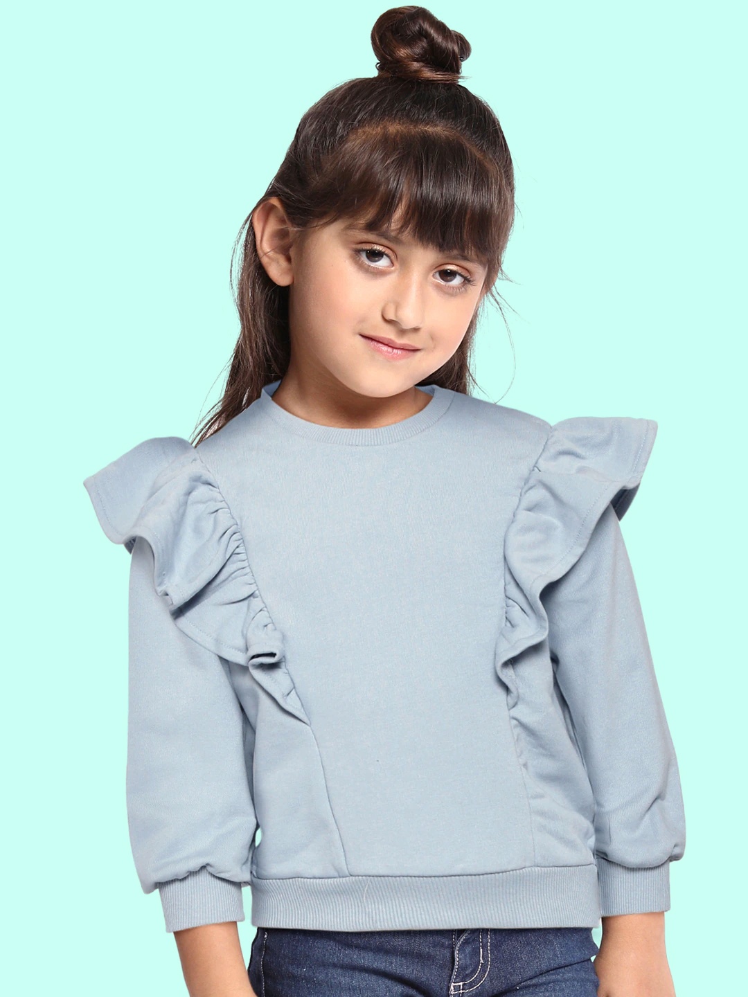 

DeFacto Girls Blue Solid Sweatshirt with Ruffle Details