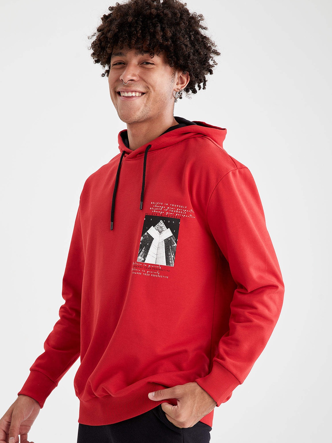 

DeFacto Men Red Printed Hooded Sweatshirt