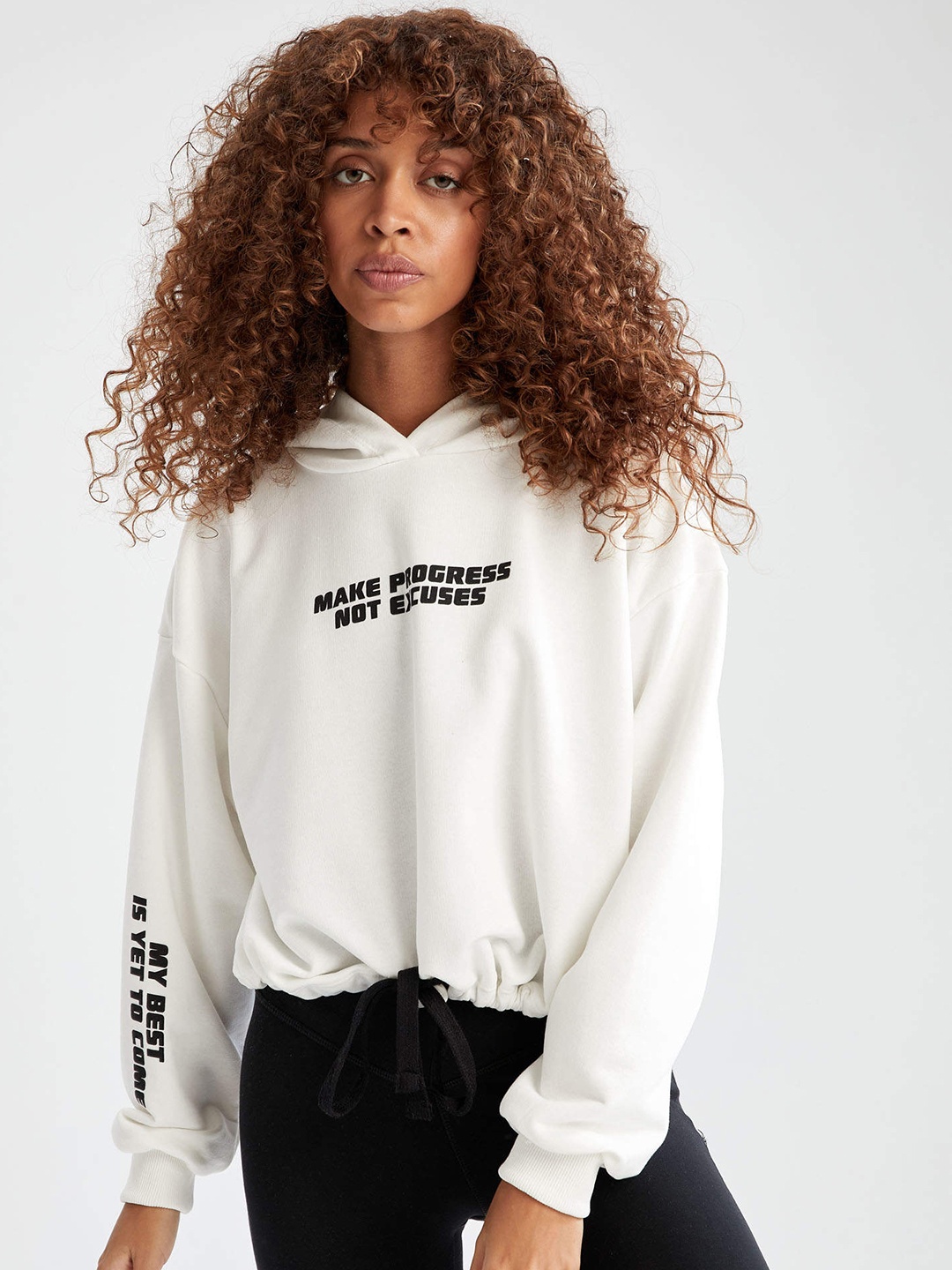 

DeFacto Women White & Black Typography Print Hooded Sweatshirt