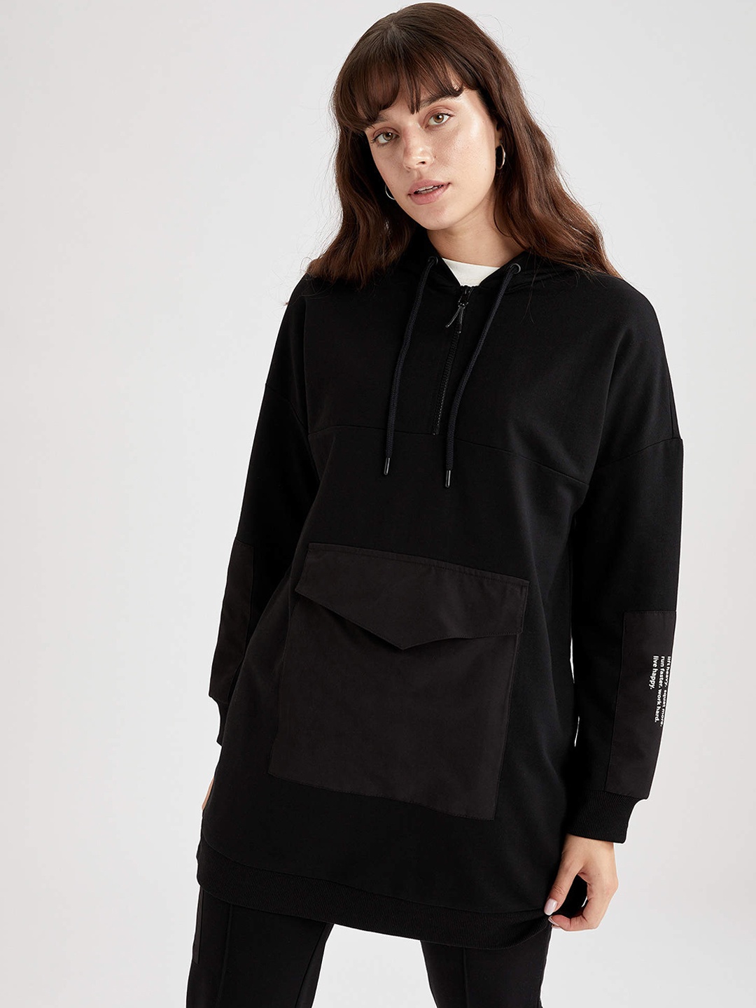 

DeFacto Women Black Solid Hooded Sweatshirt