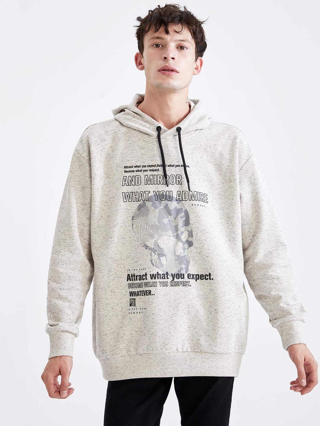 

DeFacto Men Grey Melange Printed Hooded Sweatshirt