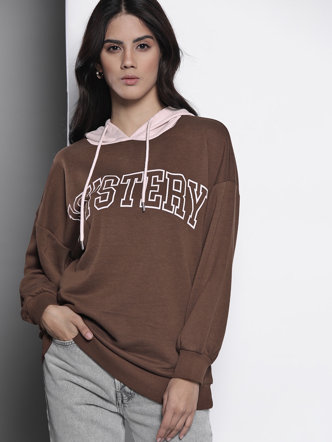 

DeFacto Women Brown & White Printed Hooded Sweatshirt