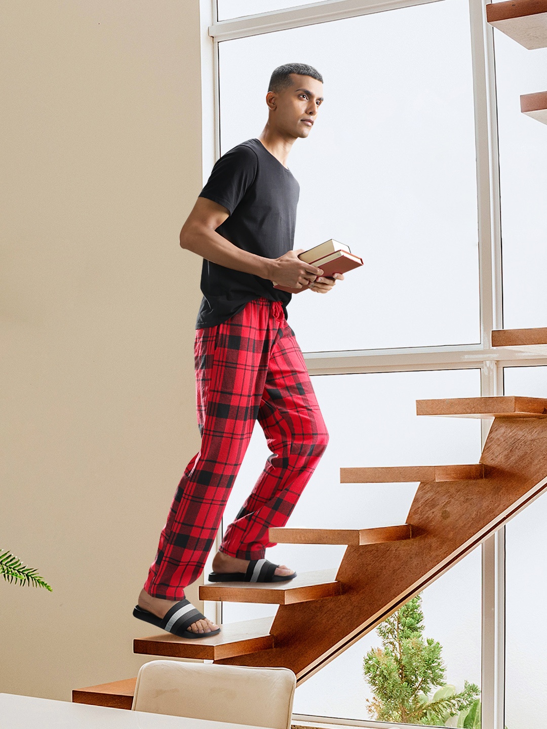 

DeFacto Men Black & Red Checked Lounge Pants