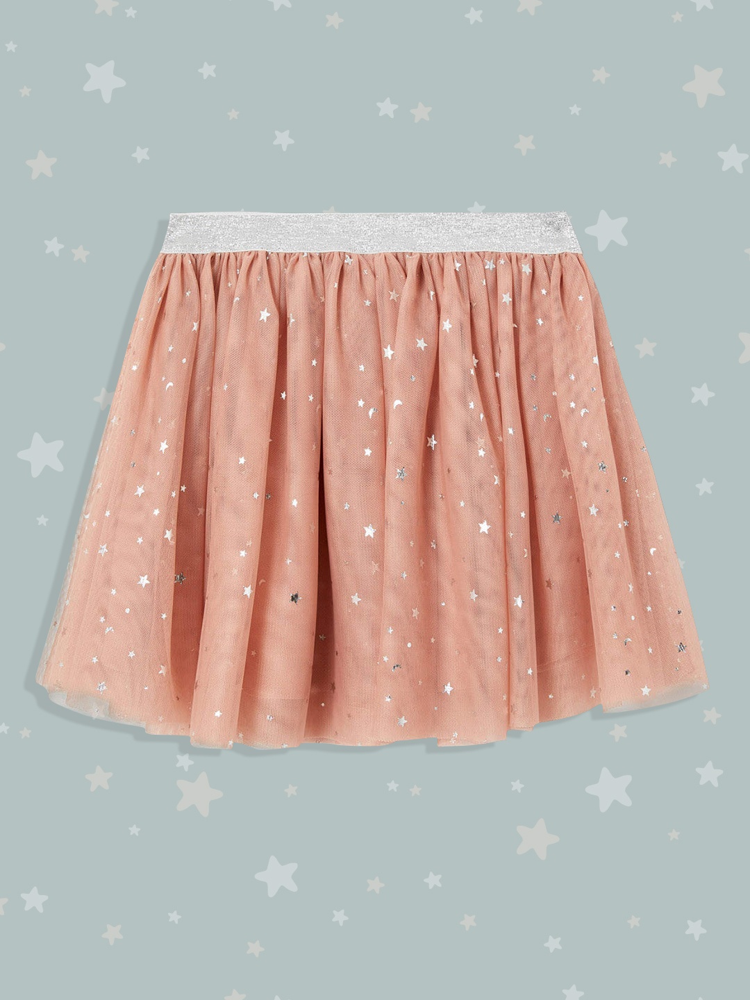 

DeFacto Girls Peach-Coloured & Silver Star Print Net Flared Skirt