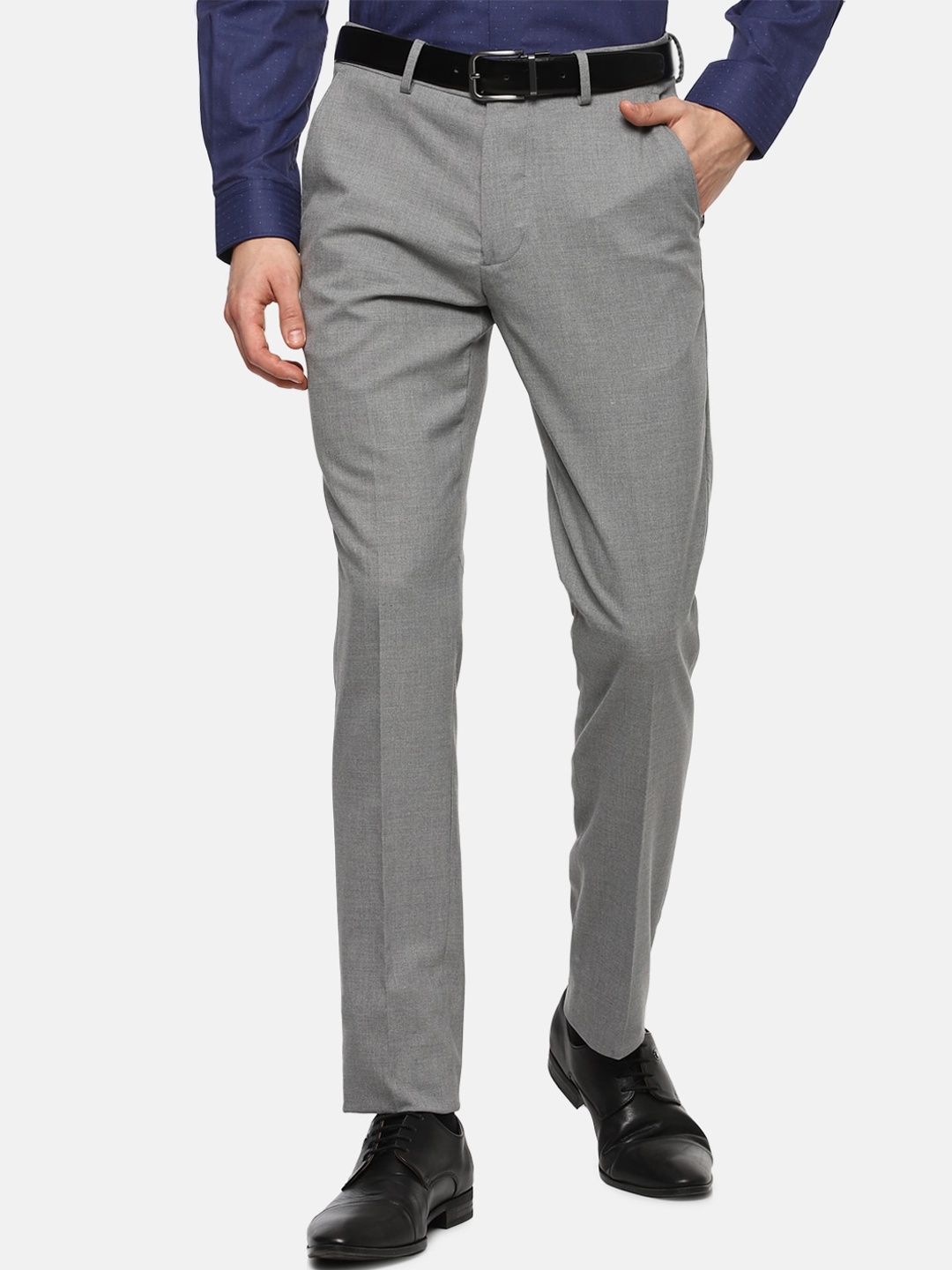 

Louis Philippe Men Grey Textured Slim Fit Trousers