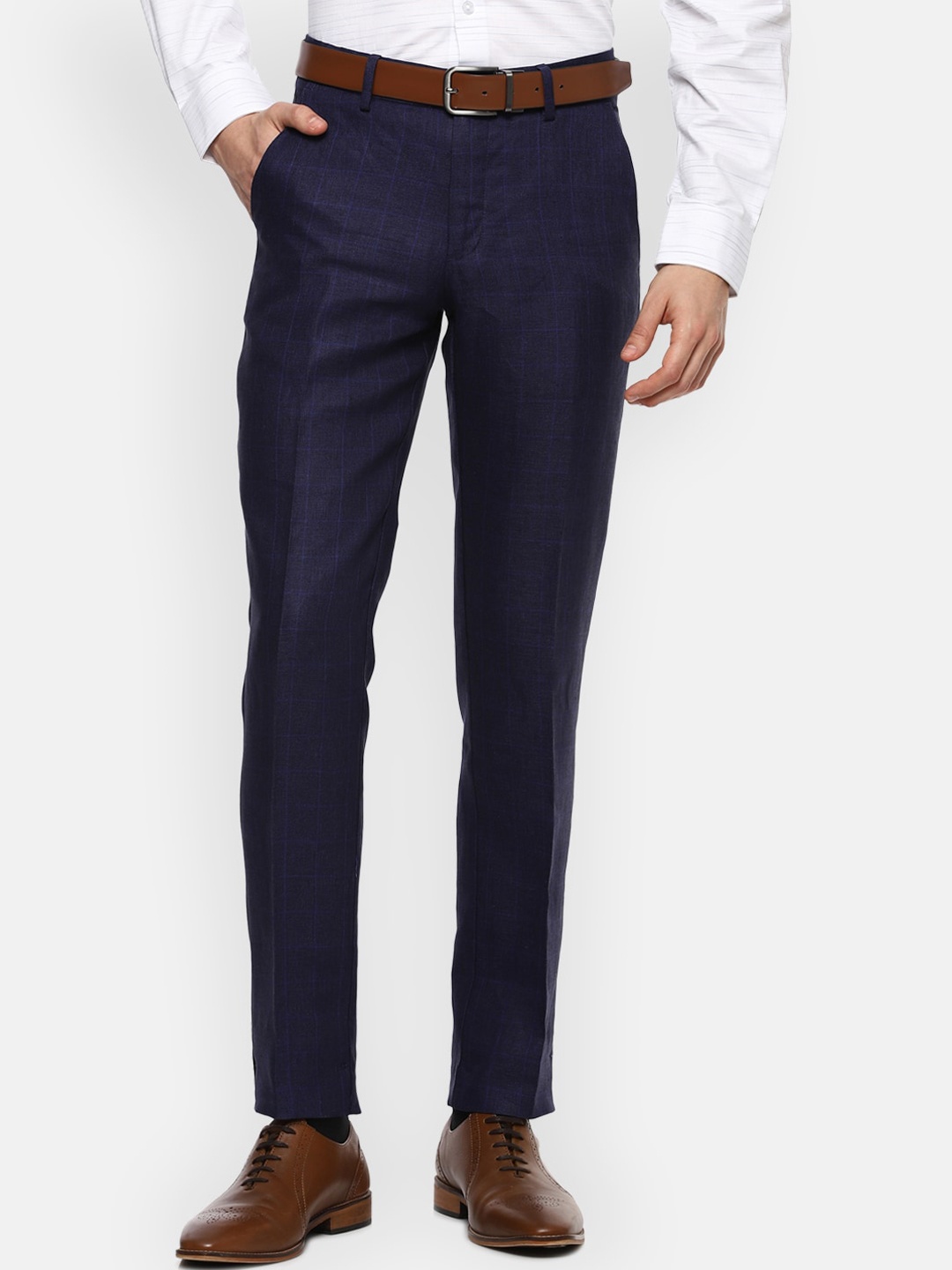 

Louis Philippe Men Navy Blue Checked Slim Fit Formal Trousers