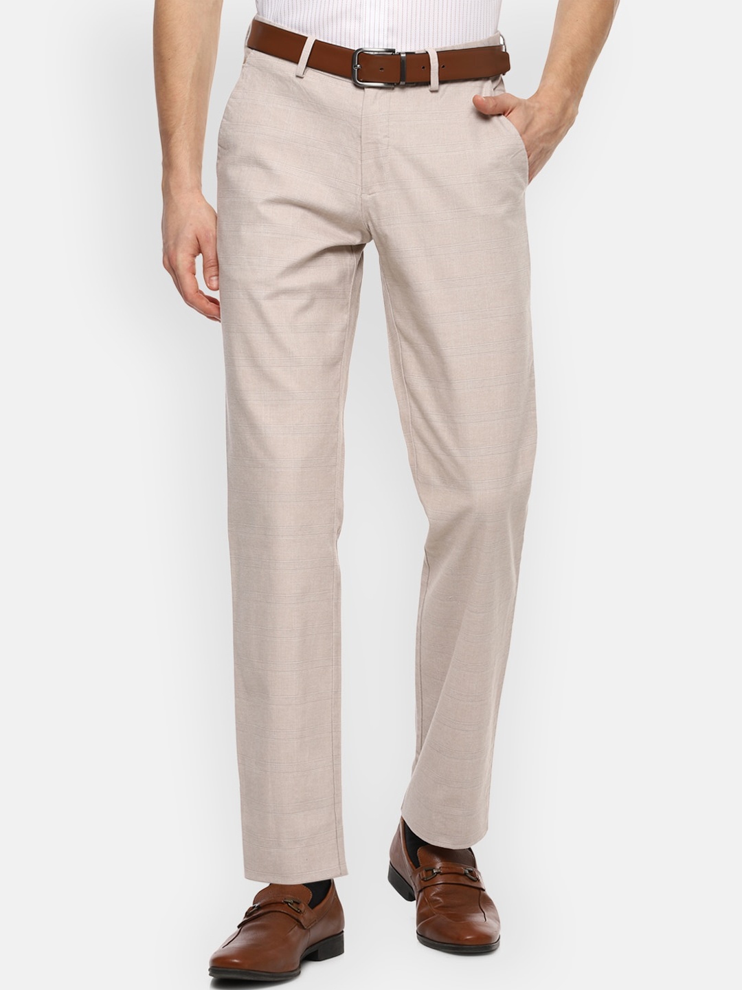 

Louis Philippe Men Beige Textured Slim Fit Trousers