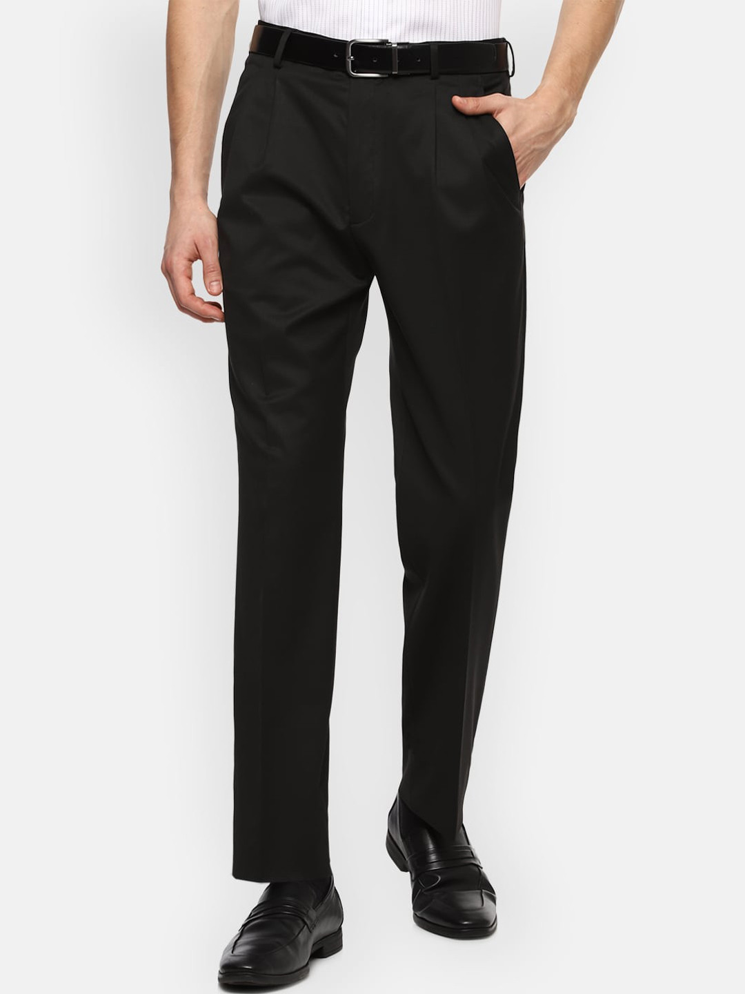 

Louis Philippe Permapress Men Black Solid Pleated Mid Rise Formal Trousers