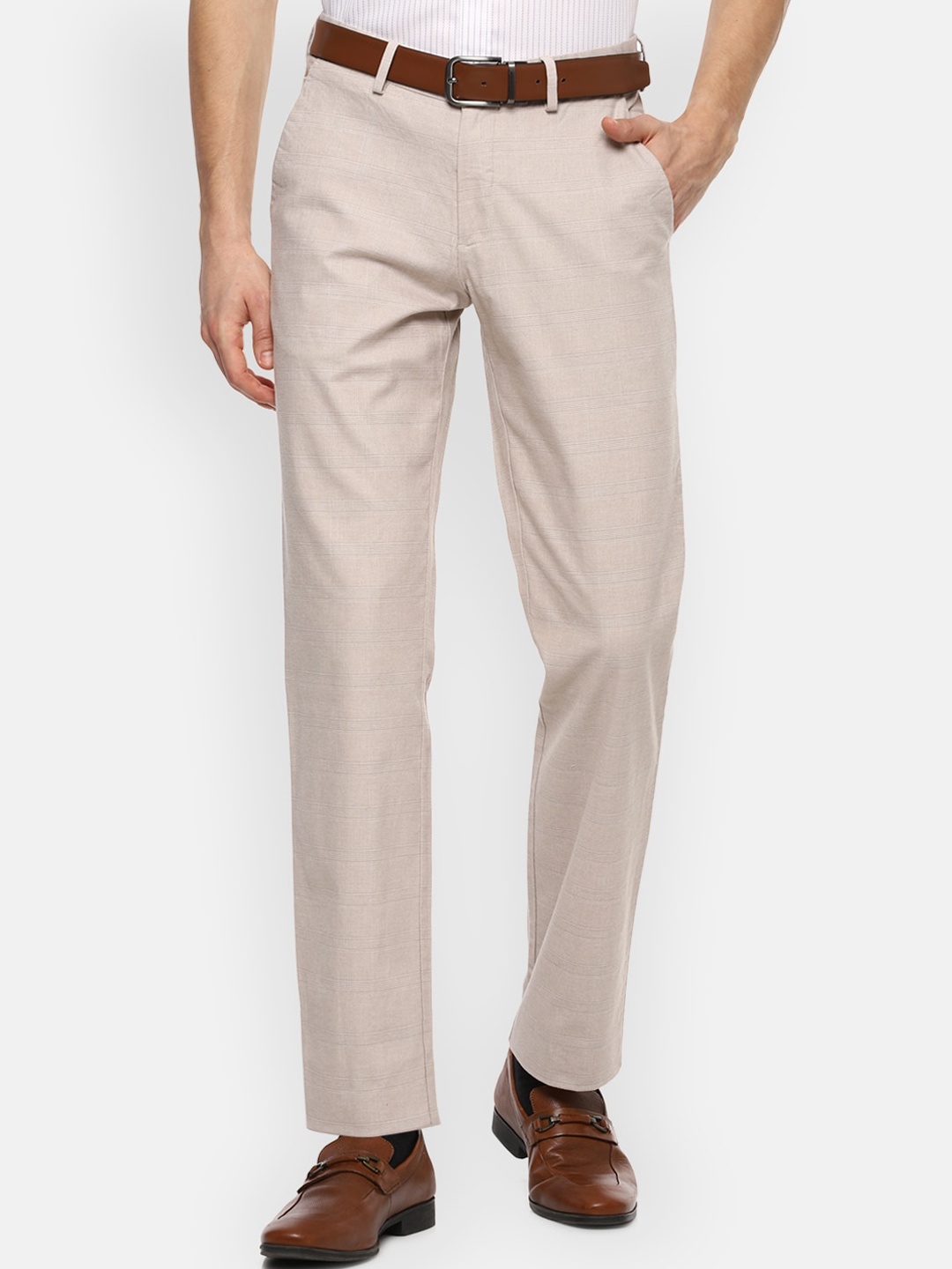 

Louis Philippe Men Beige Checked Slim Fit Formal Trousers
