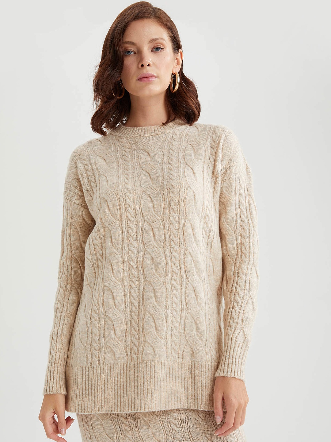 

DeFacto Women Beige Cable Knit Self-Design Pullover