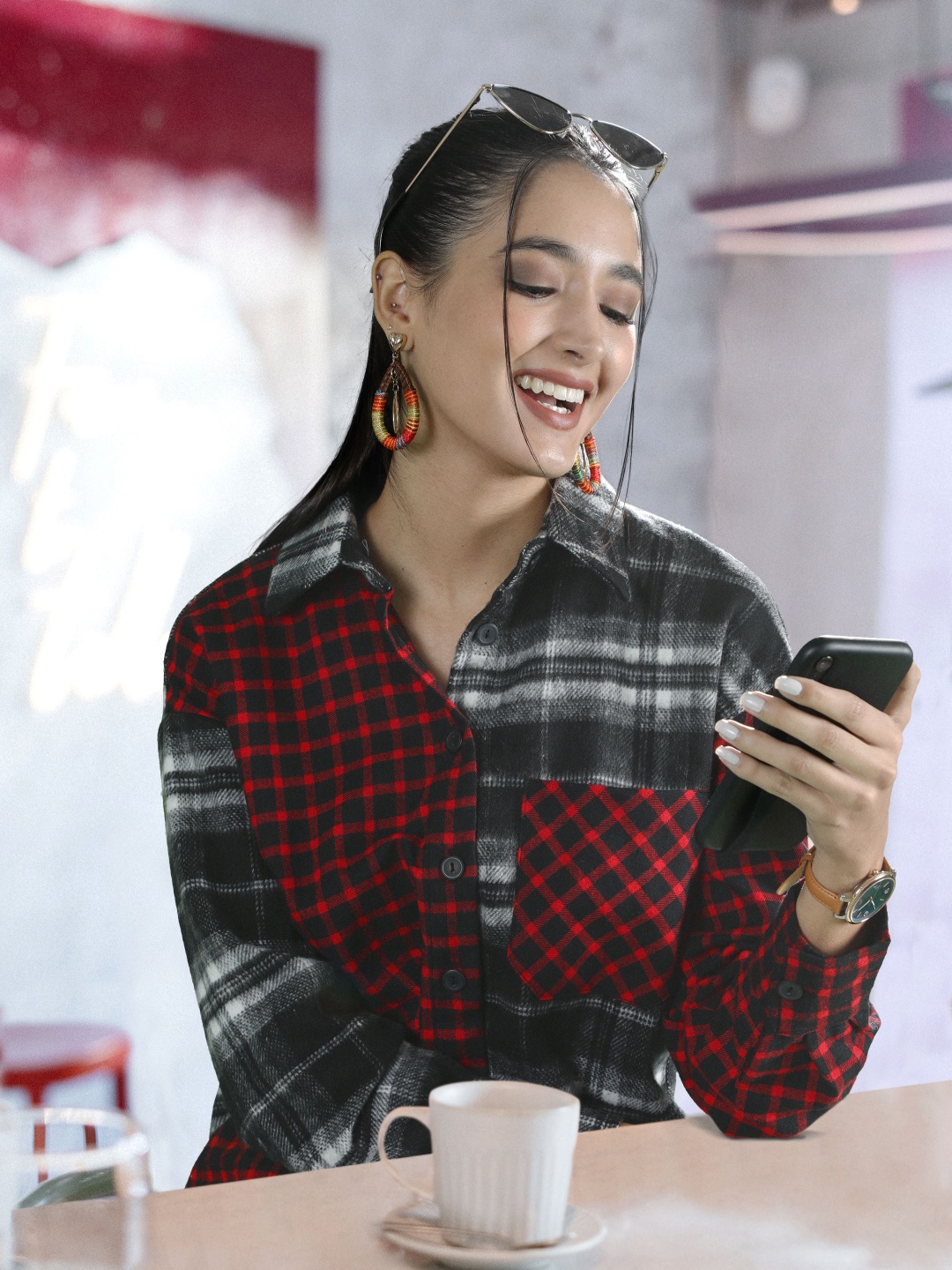 

DeFacto Women Black & Red Checked Relaxed Fit Longline Winter Casual Shirt