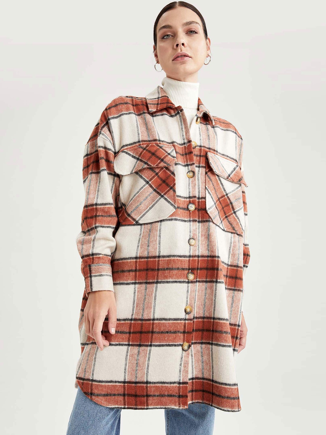 

DeFacto Women White Rust Red Checked Tailored Shacket