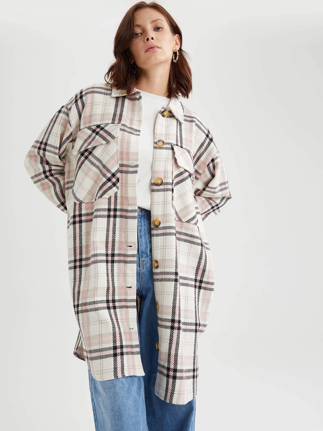

DeFacto Women Beige & Pink Tartan Checked Casual Shirt