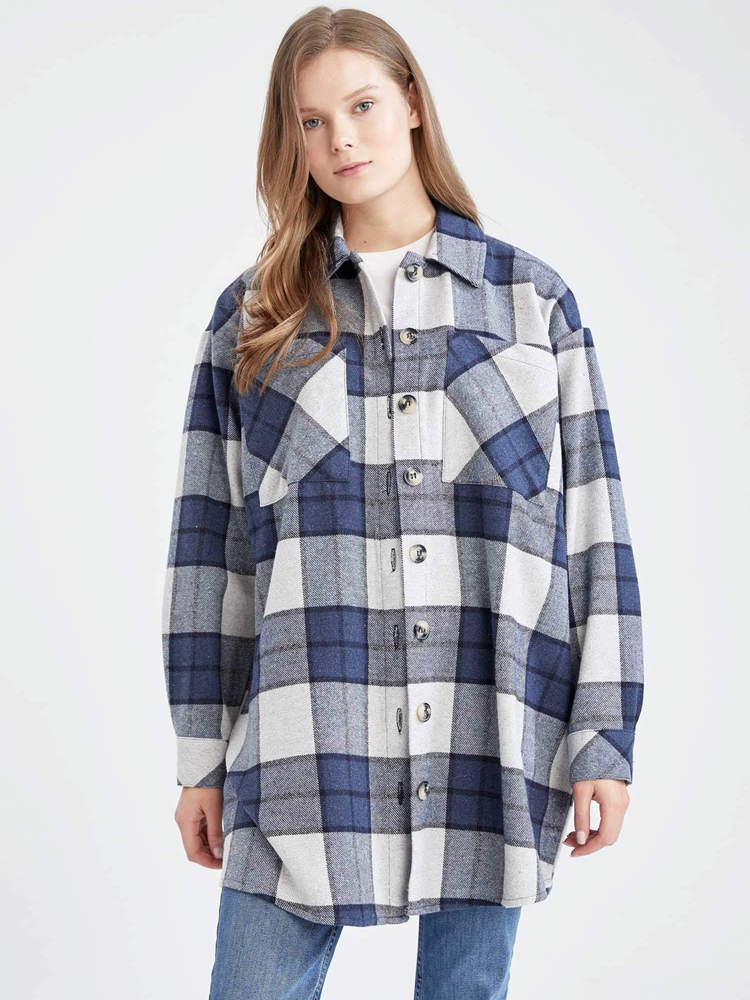 

DeFacto Women Navy Blue & White Checked Shacket