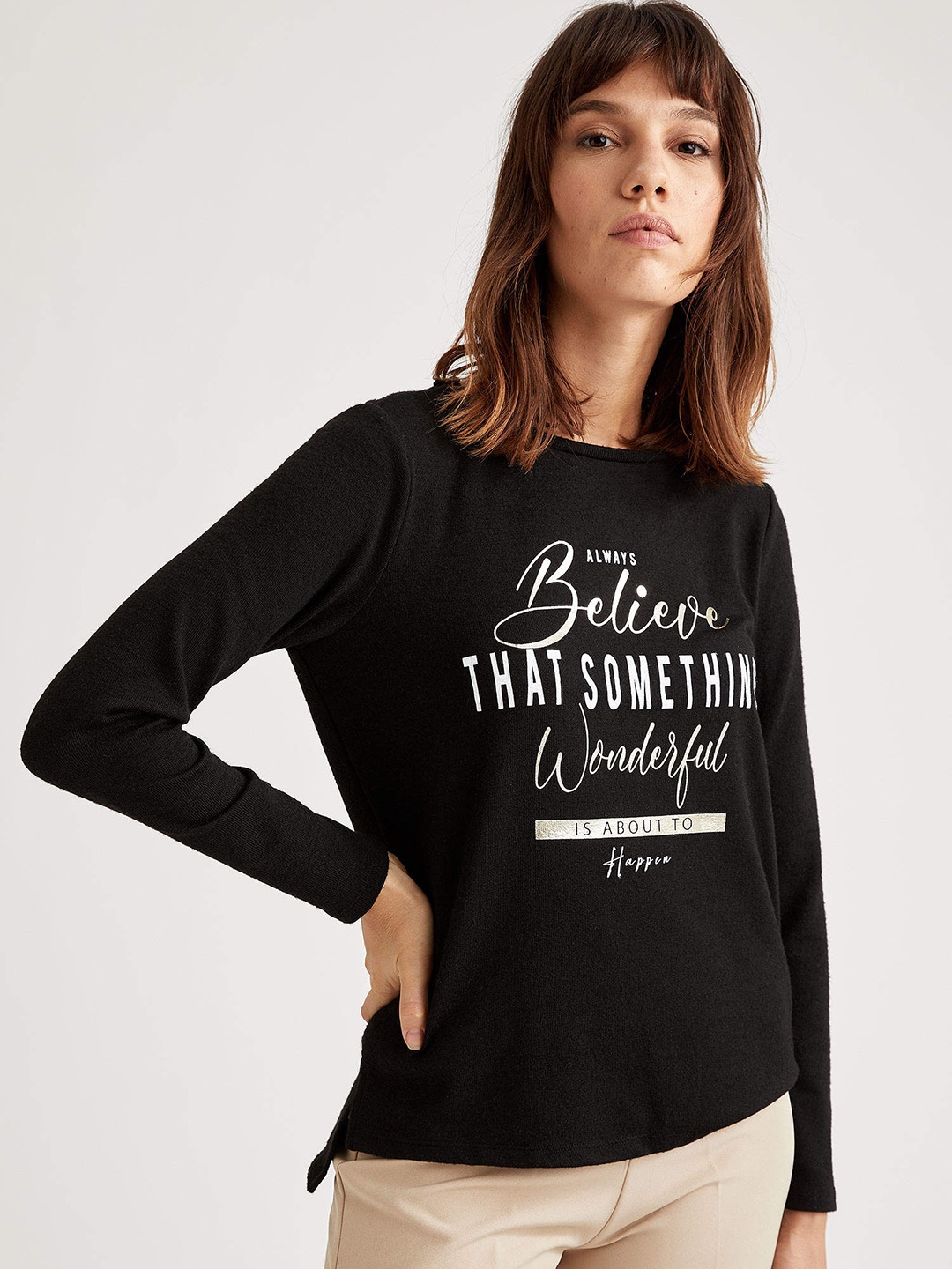 

DeFacto Women Black & White Typography Print Monochrome T-shirt