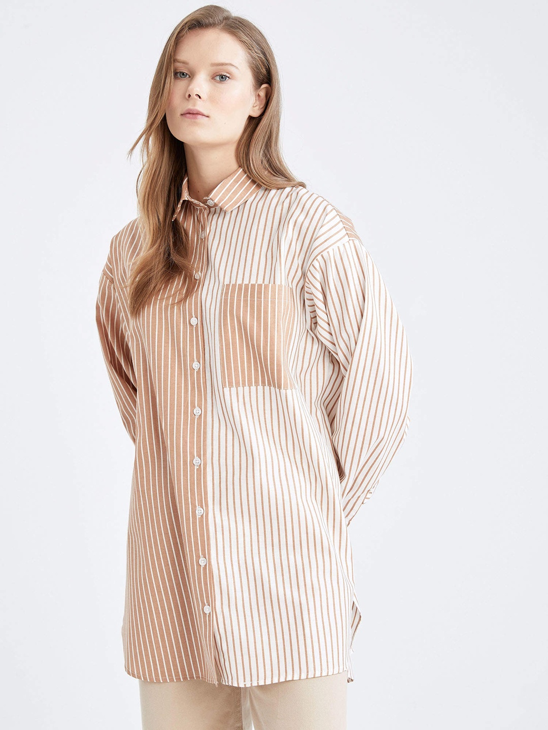 

DeFacto Women Beige & White Striped Longline Casual Shirt