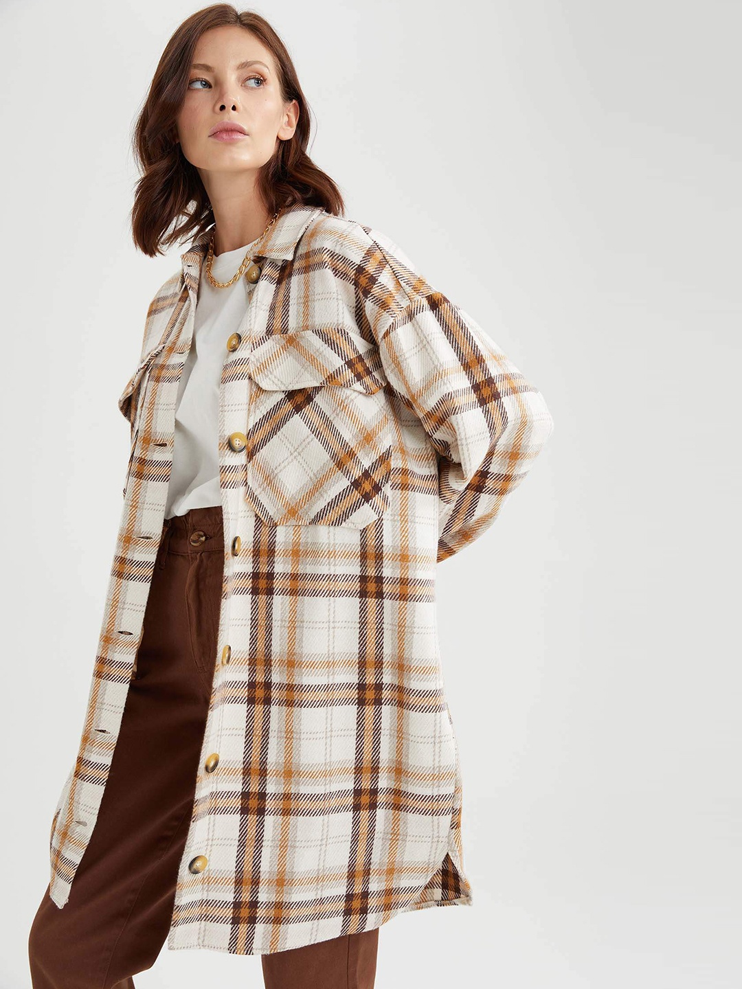 

DeFacto Women White & Brown Tartan Checked Longline Casual Shirt
