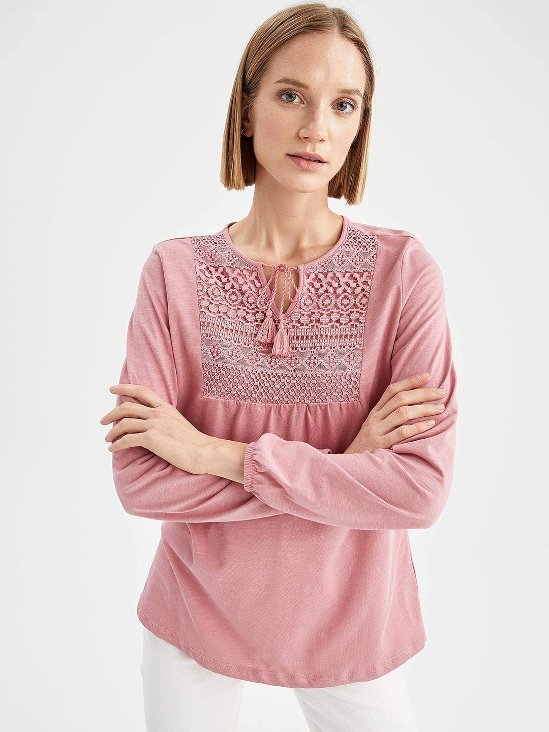 

DeFacto Women Pink Pure Cotton Tie-Up Neck Top