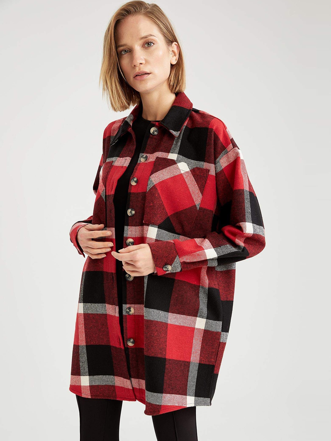 

DeFacto Women Red & Black Checked Shacket