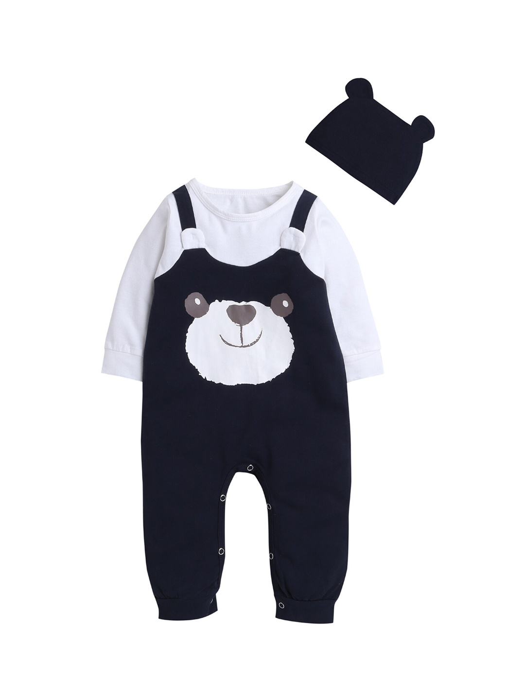 

Hopscotch Girls Navy Blue & White Full Sleeves Panda Printed Romper With Cap