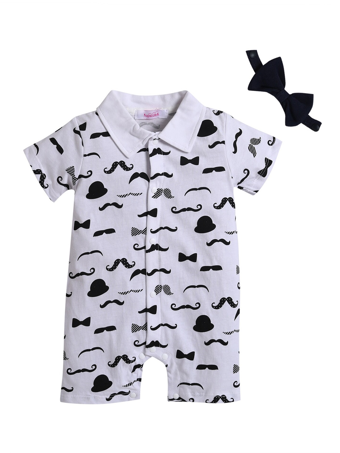 

Hopscotch Boys Navy Blue & White Half Sleeves Moustache Printed Romper With a Bow Tie