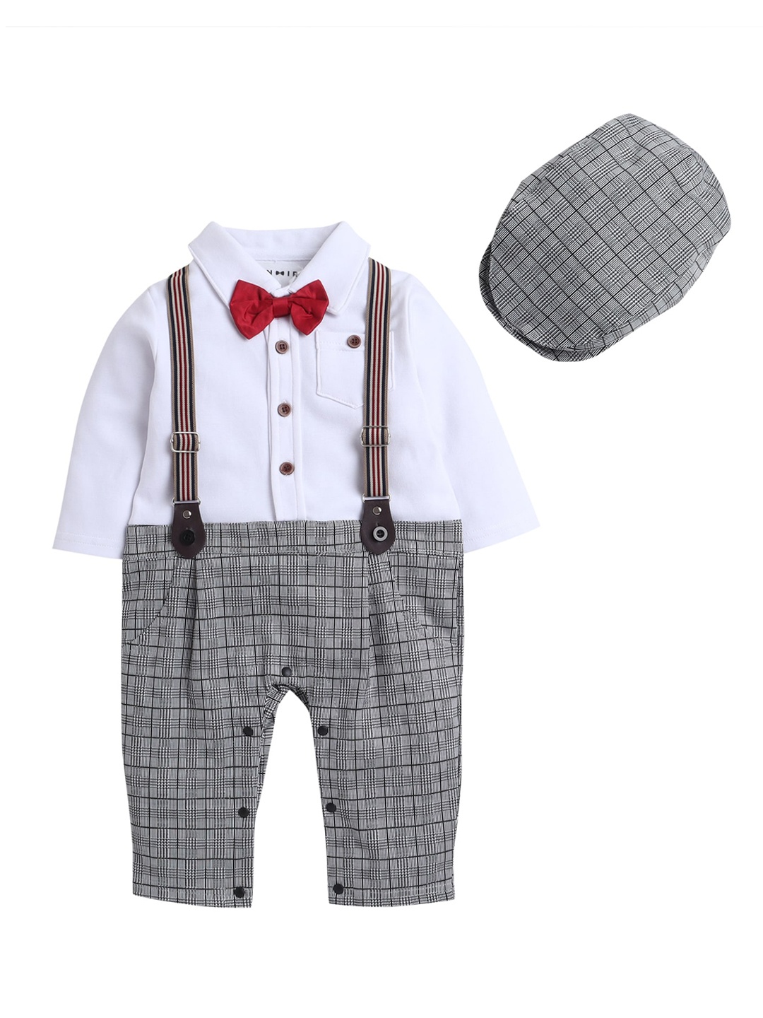 

Hopscotch Boys White & Grey Romper With a Bow Tie & a Cap