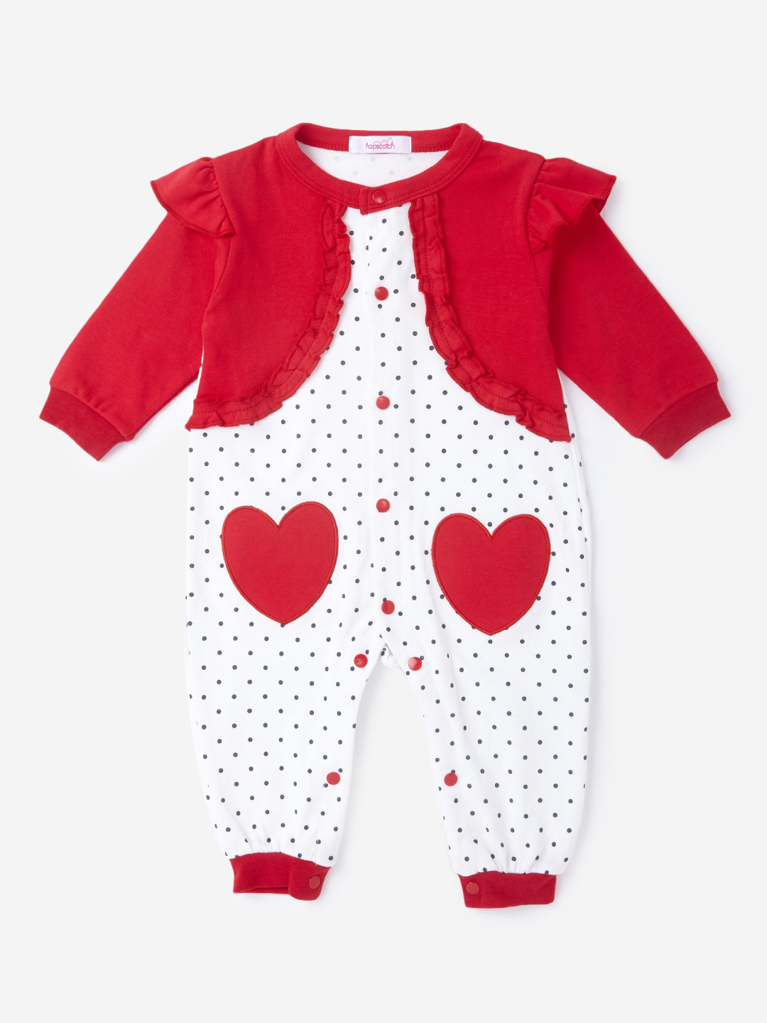 

Hopscotch Infant Girls Red & White Polka Printed Cotton Rompers