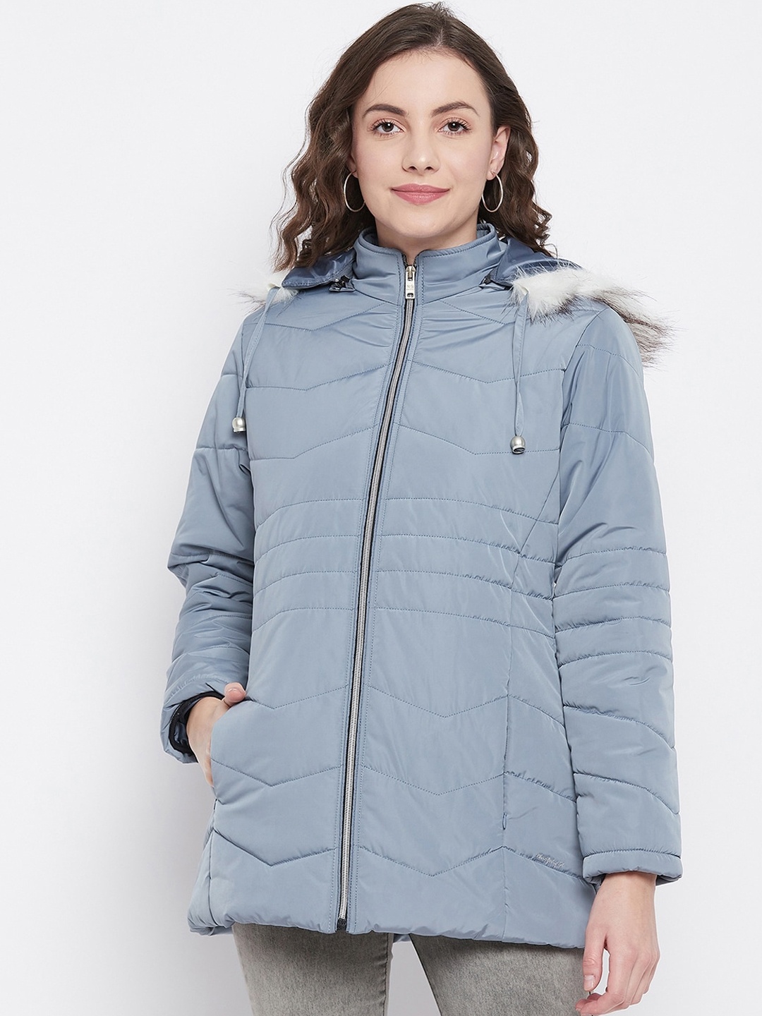 

Okane Women Blue Geometric Lightweight Longline Parka Jacket